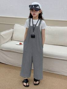 DAZY Tween Girls' Minimalist Fashion Casual Everyday Stripes Sleeveless Jumpsuit,Back To School Clothes - Black and White - View 3