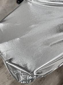 SHEIN Clasi Casual Fitted H-Shaped Silver Foil Fabric Round Neck Short Cap Sleeve T-Shirt - Silver - View 6