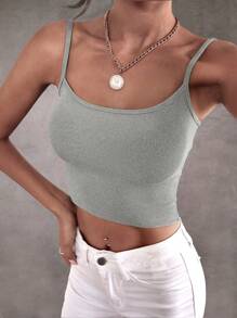 SHEIN BAE Áo hai dây Gân đan màu trơn Cơ bản - Màu Xám nhạt - Xem 5