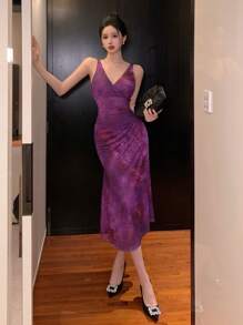 DAZY V领无袖鱼尾紫色优雅中长连衣裙，适合女士参加舞会、晚宴或鸡尾酒会。 - 紫色 - 查看 5