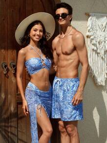 Manfinity VDAYZ Pantalones cortos de playa con estampado de paisley, cintura con cordón, estilo hawaiano para novio y hombres