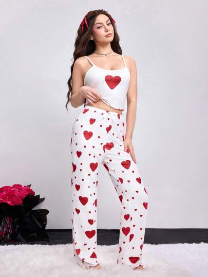 Kawaii Romantic Valentine's Day Heart Print Camisole And Shorts Pajama Set, Casual