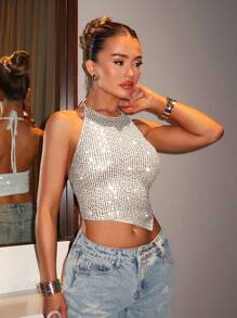 Glamine Charm Women's Sexy Asymmetrical Sequin Christmas Camisole, Sparkly Top For Nightclub Party For Holiday Party Clothes Tops Women, Valentine's Day - Silver - View 3