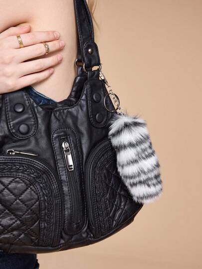 Goth 1 pezzo Portachiavi e charm per borsa in stile coreano vintage chic, elegante e minimalista, in bianco e nero a righe, in pelliccia ecologica, ideale per uso quotidiano di donne/signore, regalo per le vacanze