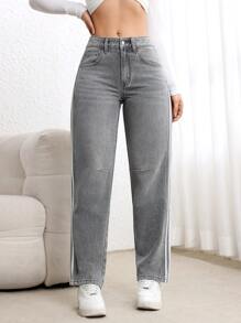 SHEIN Essnce Quần ống côn denim chắp vá màu trơn có túi cài nút phía trước dành cho nữ - Xám - Xem 4