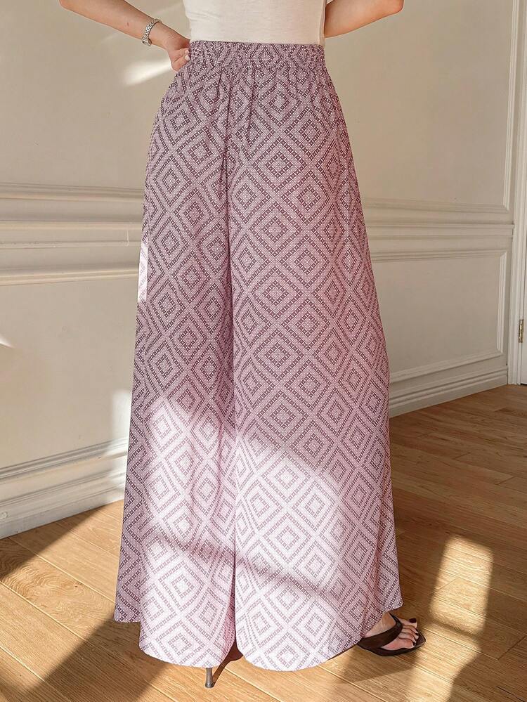 Women's Floral Print Waist Band Slit Pleated Floor-Length Wide Leg Pants,Teacher Pants