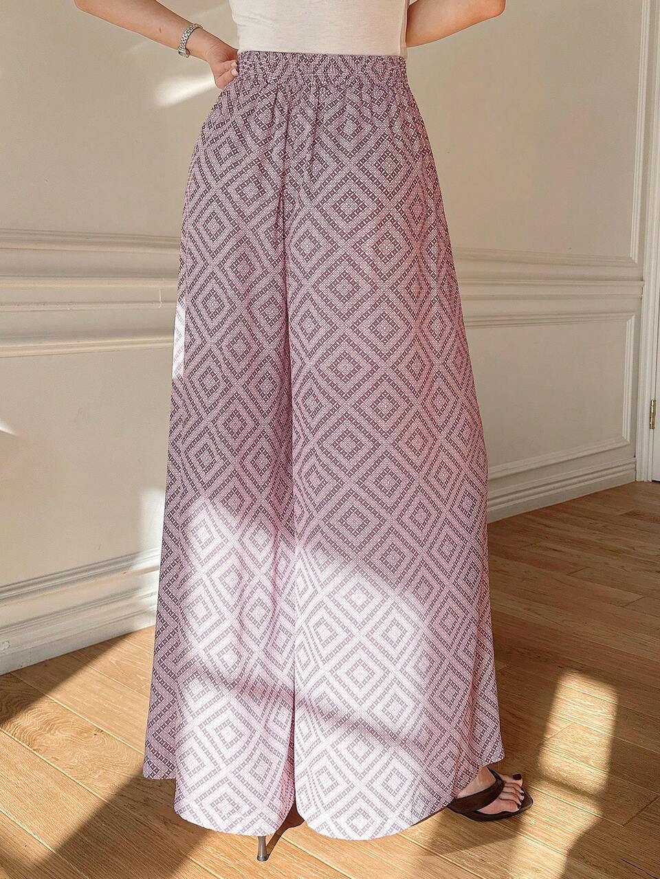 Women's Floral Print Waist Band Slit Pleated Floor-Length Wide Leg Pants,Teacher Pants Vacation Outfits Women