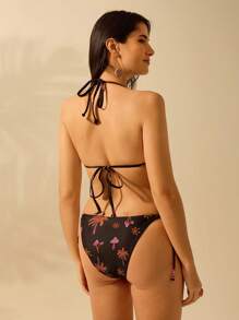 CAJUNI Women's Boho Coconut Tree & Mushroom Print Vacation Casual Summer Beach Halter Bikini Top And Bottom 2 Pieces Swimwear Set, Black Color