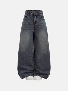 SHEIN Girls' Vintage Blue Denim Wide Leg Pants With Bow Decor