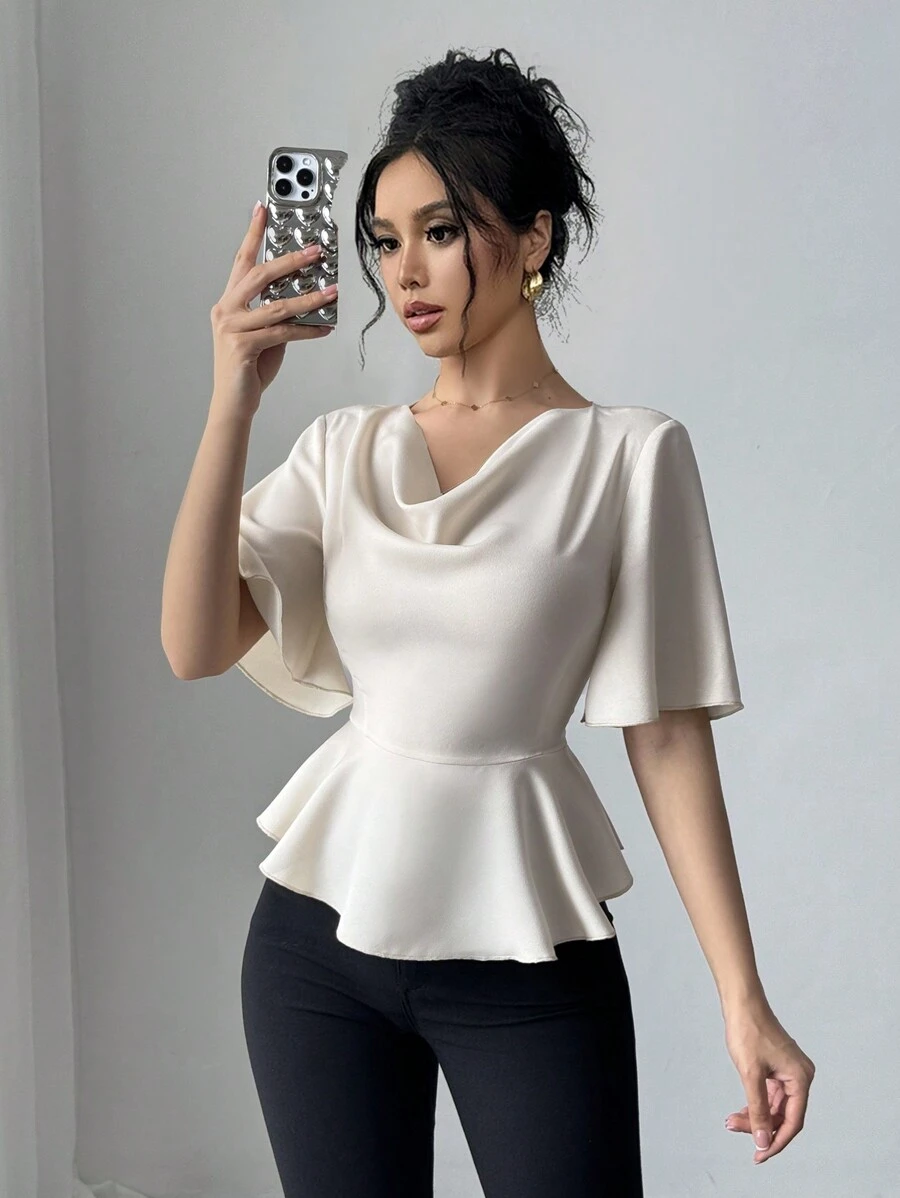 Rafferiza Satin Surplice Neck Ruffled Blouse For Women, Spring/Summer, Chic High-End Design - Apricot - View 1