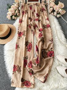 EMERY ROSE Dames Casual Geweven Roze Elastische Taille Wijde Broek, Plus Size, Zomer - Kaki - Bekijken 2