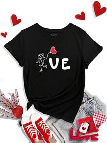 SHEIN LUNE Casual Loose Round Neck Valentine's Day Heart "Love" Couple T-Shirt, Suitable For Summer,Valentine Day