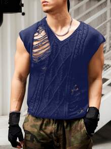 Manfinity Roughcore Men's Fashionable Solid Color Distressed Sweater Vest - Navy Blue - View 3
