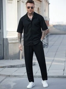 Manfinity CasualCool "Men's Casual Daily Wear: Beach Vacation Style, INS Matching Black Shirt Set With Delicate Waffle Knit Textured Jacquard. Features A Short Sleeve Long Pants Shirt Set With Button Placket Design. Perfect For Spring And Summer Refreshing Outfits, Suitable For Hawaiian Beach Vacations, And A Great Couple's Outfit For Valentine's Day, Making It An Ideal Gift For Boyfriends Or Husbands." Men Two Pieces Outfits , Outfit For Men Outfits For Men Men Shirt Co Ords