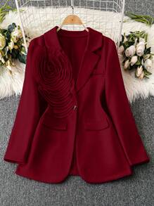 SHEIN LUNE Thickened Solid Color Jacket With Oversized Floral Decoration Lapel - Burgundy - View 1