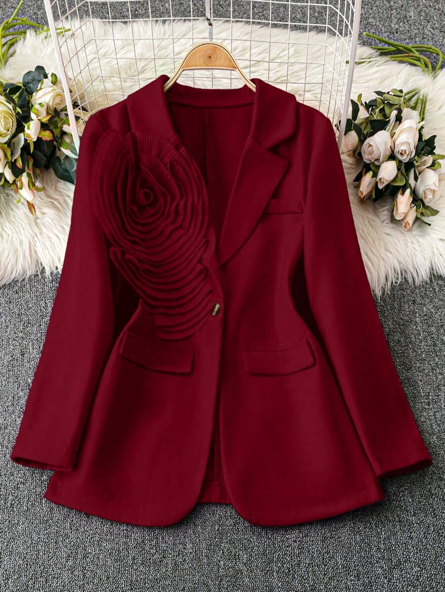 SHEIN LUNE Thickened Solid Color Jacket With Oversized Floral Decoration Lapel - Burgundy - View 1