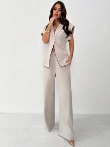 Firerie 2pcs/Set Women Minimalist Casual Commuter Suit - Notched Collar Button X-Shape Short Sleeve Blazer Jacket And High Waist Straight Leg Pants, Apricot Color - Apricot - View 6