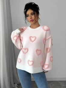 Chiquease Suéter de punto informal con gráfico de corazón rosa