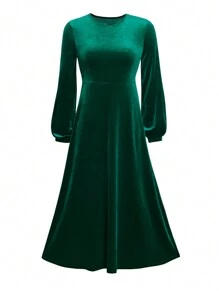 秋冬圆领修身高腰长袖丝绒连衣裙，优雅女士春季连衣裙 - 綠色 - 查看 4