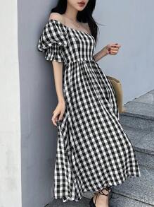 DAZY Summer New Arrival Plaid Waisted Women Long Dress, Casual Women Dress - Black - View 3