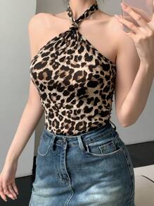 DAZY New Summer Spring Style First Date Slim Leopard Print Halter Top For Women