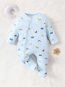 SHEIN Leap Crew Newborn Baby Boy Cute Cartoon Pattern Round Neck Front Button Long Sleeve Soft Jumpsuit - Blue - View 1
