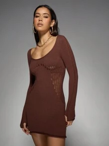 MISSGUIDED Ribbed Knit Mini Sweater Dress With Pointelle Detail Long Sleeve Bodycon Winter Holiday Party Fall Fashion - Brown - View 6