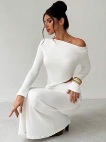 SHEIN Privé Set da 2 pezzi per San Valentino, composto da top a maniche lunghe con colletto asimmetrico e gonna lunga aderente, elegante - Bianco - Visualizzare 6