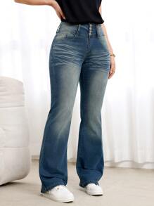 SHEIN LUNE Women's Pocketed Button Fly Flared Casual Denim Jeans - Blue - View 4