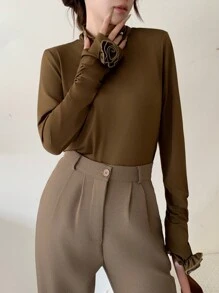 SHEIN Unity Women Solid Color Stand Collar Long Sleeve T-Shirt With 3D Floral Decoration, Casual Basic Top