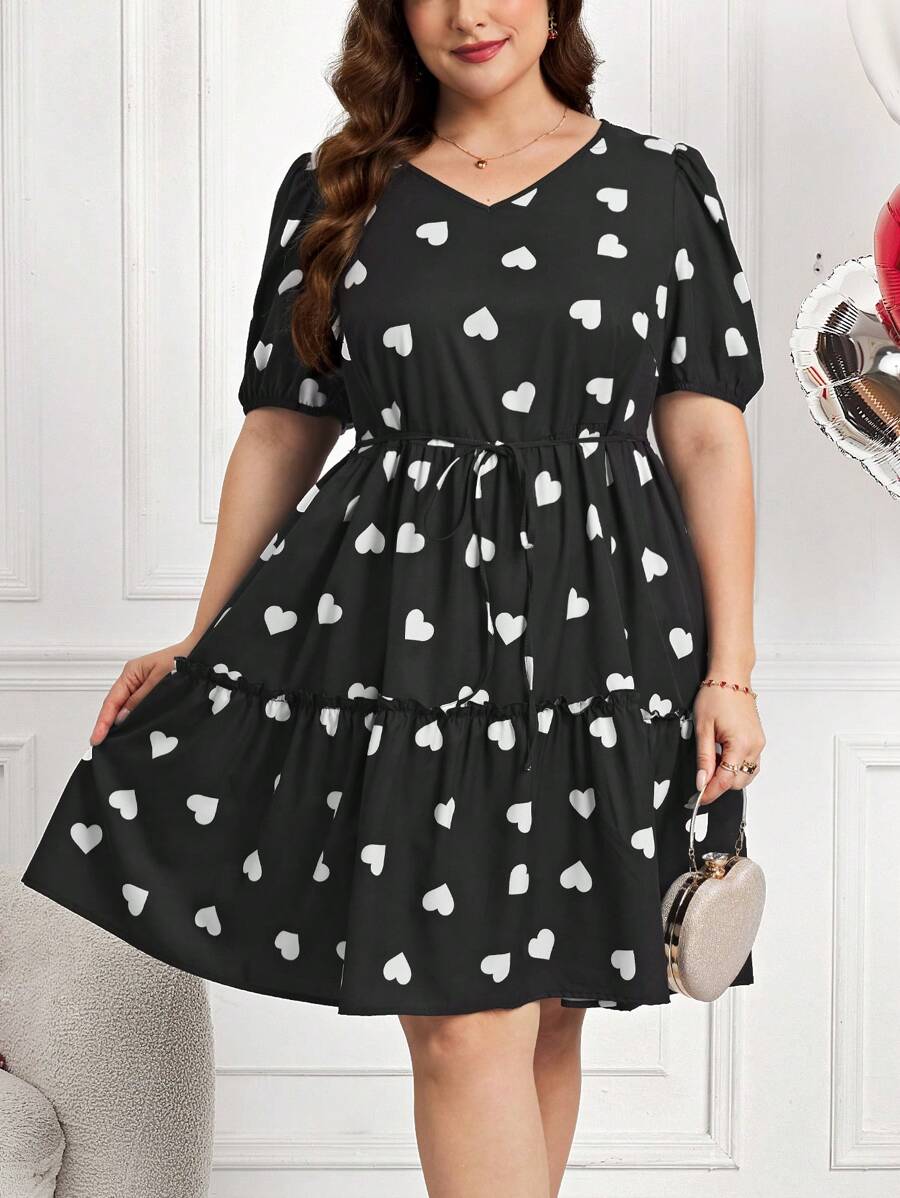 SHEIN Clasi Plus-Size Elegant Love Print Valentine's Day Puffy Sleeve Heart Print Dress, Summer Outfits For Women