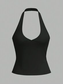 SHEIN BASICS Casual Solid Color Knitted Halter Neck Tank Top For Women - Black - View 5