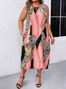 SHEIN LUNE 加大码无袖印花圆领度假连衣裙，春/夏，圣诞节酒红色长款女装 - 粉色 - 查看 4