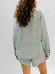 Aralina Light Green Button-Front Gingham Boyfrieend Shirt And Shorts Set - Green - View 2