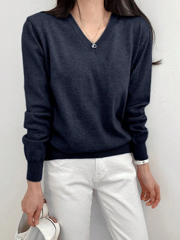 Women'S Solid Color V-Neck Long Sleeve Simple Casual Top, Everyday Wear,Fall Clothes Women Sweater