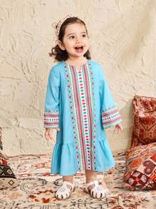 SHEIN Babygirl 可爱几何图案长袖连衣裙，春夏 - 彩色 - 查看 4