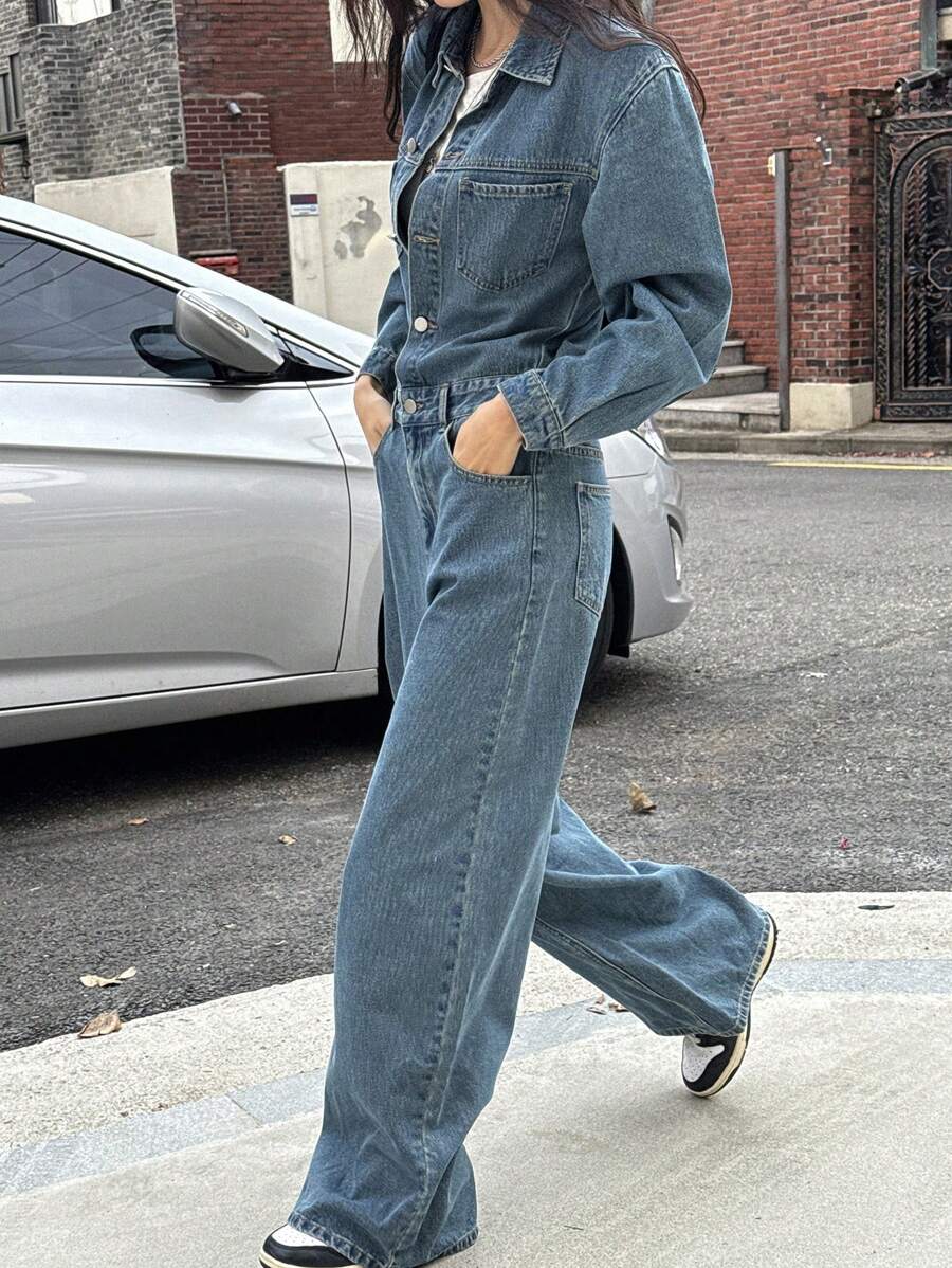 DAZY 女式秋季纽扣前口袋休闲牛仔连体裤长袖