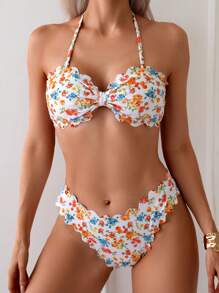SHEIN Swim Trajes de baño de primavera para mujer, conjunto de bikini con estampado floral pequeño y tela con textura estriada, con tirantes desmontables en un estilo dulce y elegante, atuendo de playa para vacaciones - Multicolor - Ver 1