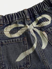 SHEIN Girls' Vintage Blue Denim Wide Leg Pants With Bow Decor