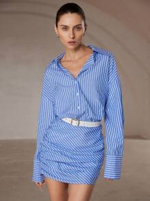 Aveloria Modichic Vestido mini ajustado con botones y cuello de solapa a rayas, diseño entallado para commuting