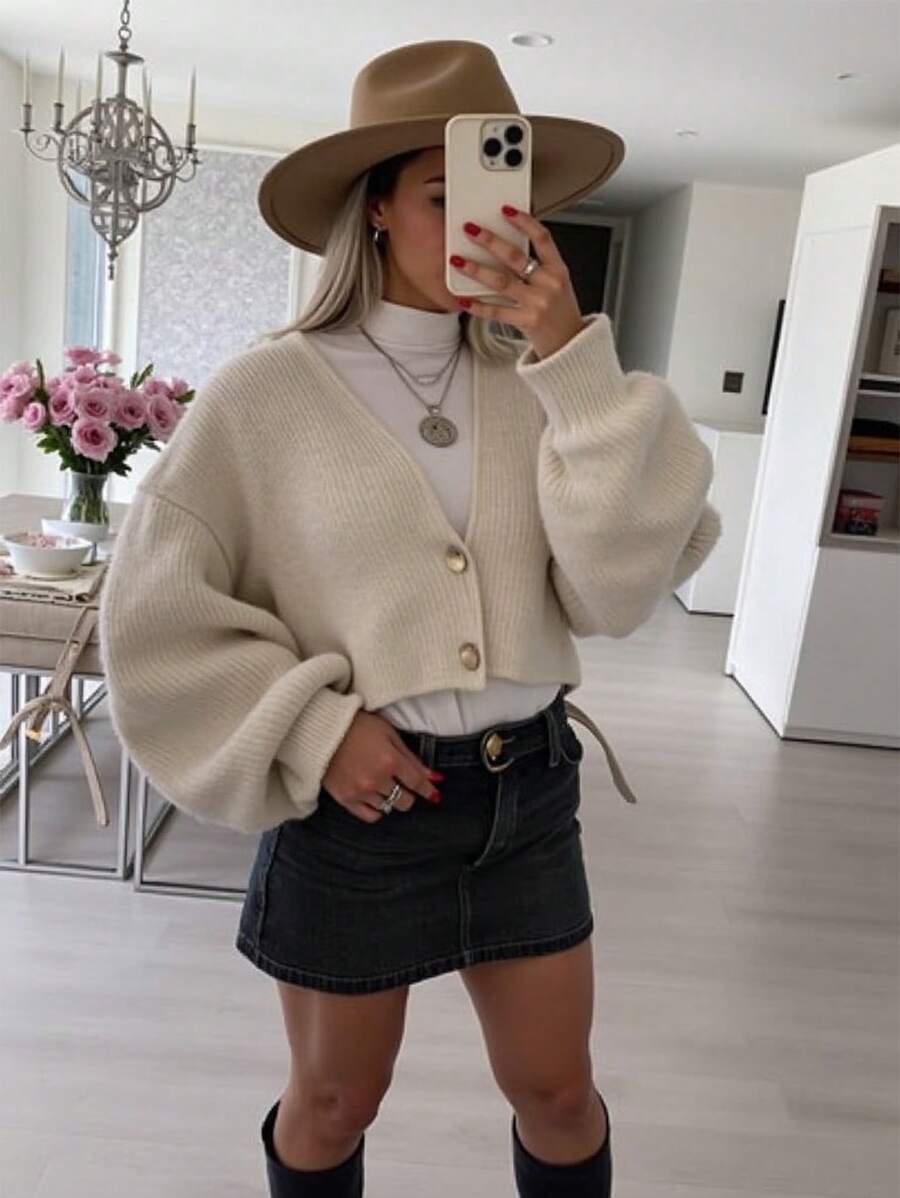 Chiquease 女士 V 领单排扣宽松休闲灯笼袖开衫，百搭秋冬 - 杏色 - 查看 1