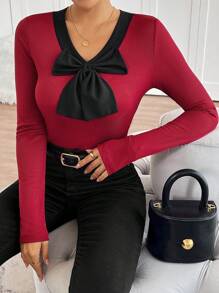 Chiquease Women's V-Neck Contrast Color Bowknot Decor Raglan Sleeve T-Shirt, Autumn/Winter - Burgundy - View 7