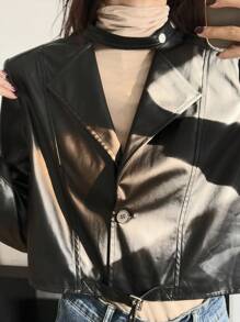 DAZY 女士PU皮夹克，机车风西装外套，秋季女装商务装 - 黑色 - 查看 4