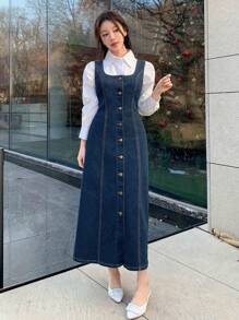 DAZY Women's Front Button Sleeveless Casual Long Denim Dress - Dark Wash - View 3