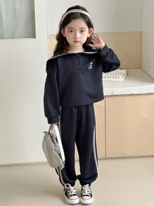 DAZY 2 件套年轻女孩字母印花水手领长袖运动衫和裤子休闲装 - 藏蓝色 - 查看 1