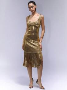 Aveloria Affinna Vestido ajustado sin mangas con lentejuelas y adornos con flecos para el Día de San Valentín para mujer, primavera/verano