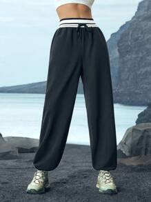 In My Nature Damen einfarbige Patchwork Schnürung mit Tasche Einfache Lässig Outdoor Hose - Schwarz - Übersicht 5