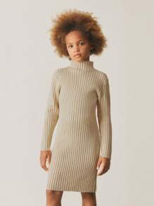 SHEIN Tween Girl Mock Neck Ribbed Knit Sweater Dress - Khaki - View 1