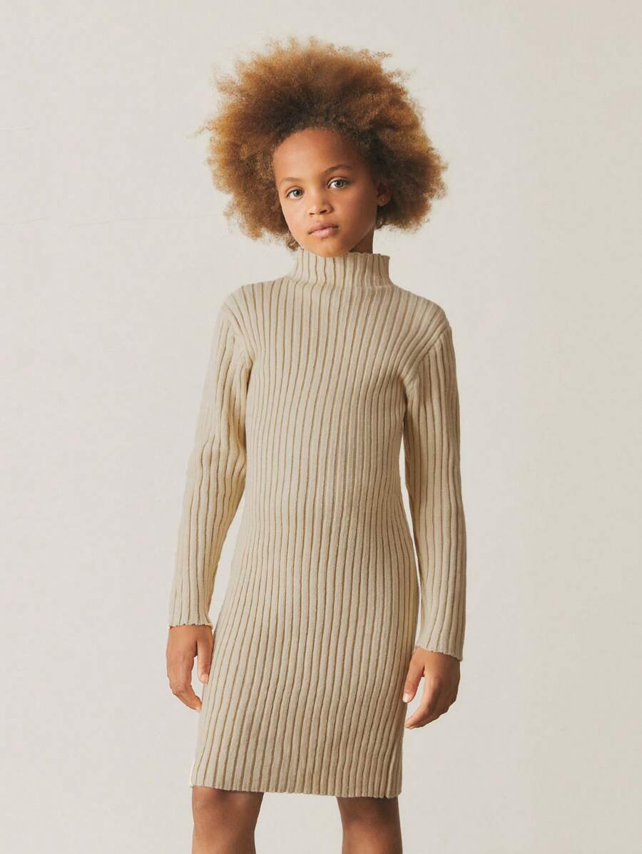 SHEIN Tween Girl Mock Neck Ribbed Knit Sweater Dress - Khaki - View 1