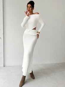 SHEIN Privé Set da 2 pezzi per San Valentino, composto da top a maniche lunghe con colletto asimmetrico e gonna lunga aderente, elegante - Bianco - Visualizzare 1